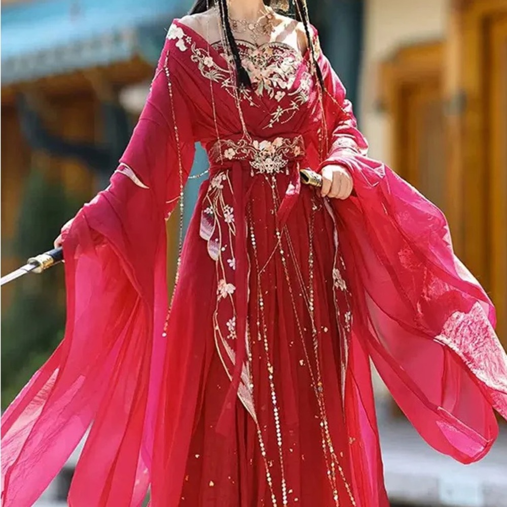 Elegant Red Women's Embroidery Hanfu Dress Full Set
